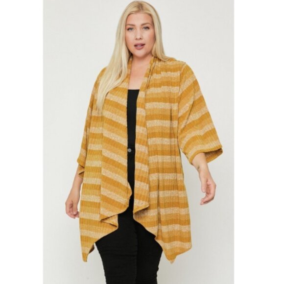 Kimono style striped cardigan Plus Size 1XL Mustard - Picture 1 of 4